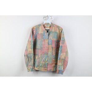 Vintage 90s Orvis Womens Small Abstract Pastel Band Collar Denim Trucker Jacket